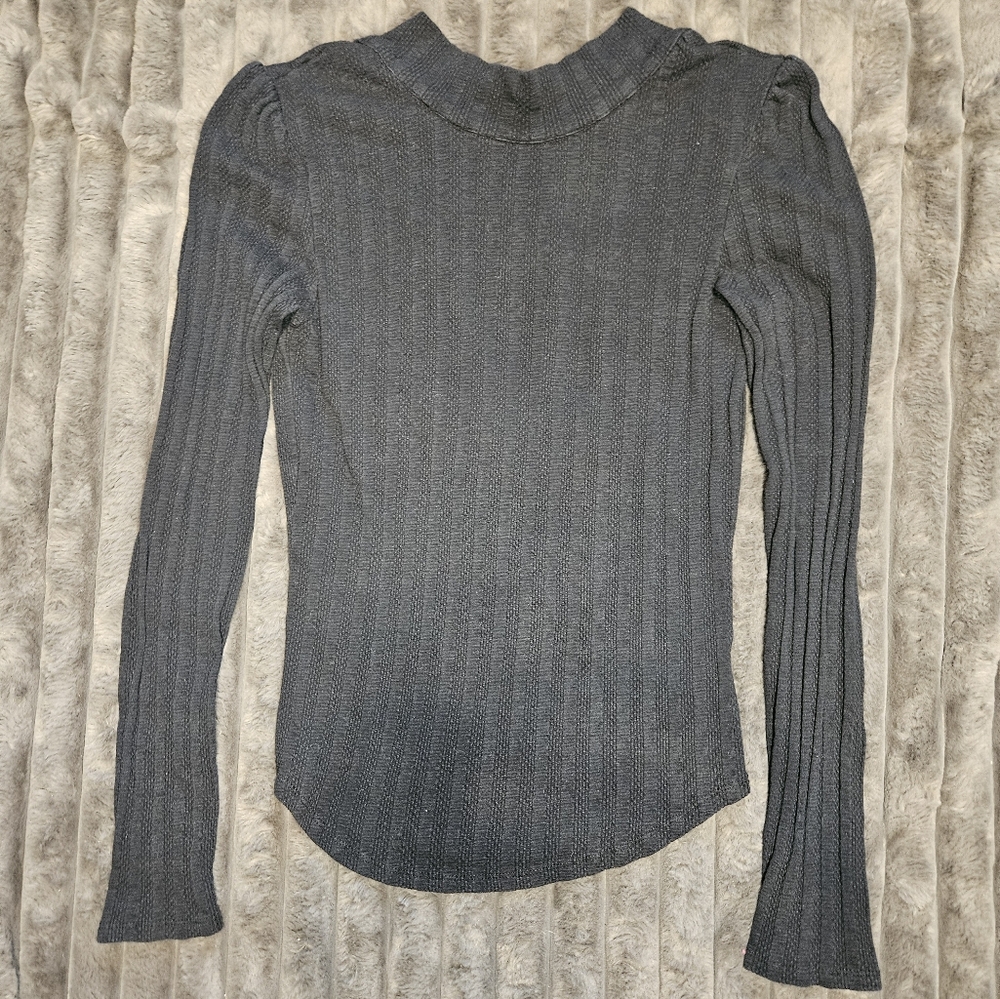 Free People Party In Back Black Ribbed Long Sleeve Blouse With Scarf Neck Detail